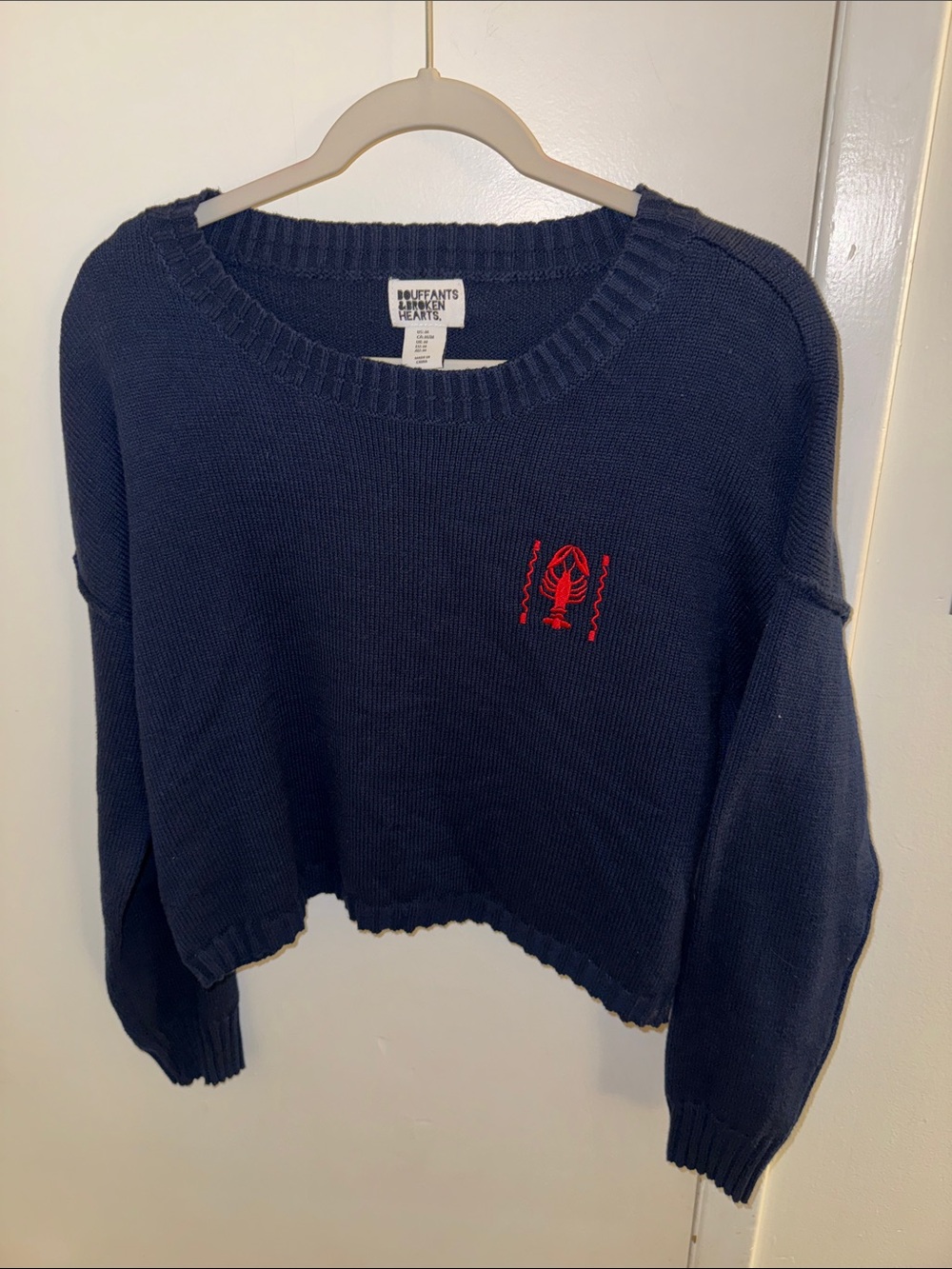 Buffants & Hearts Navy Crewneck Sweater with Red Embroidered Motif